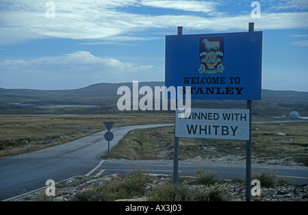 Welcome to Stanley Twinned with Whitby Sign Falkland Islands Stock Photo