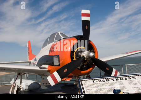 T- 28B Trojan aircraft Exhibit on US Navy aircraft carrier USS Lexington now a floating museum moored in Corpus Christi Bay Texa Stock Photo