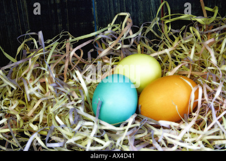 Colored eggs in straw Stock Photo