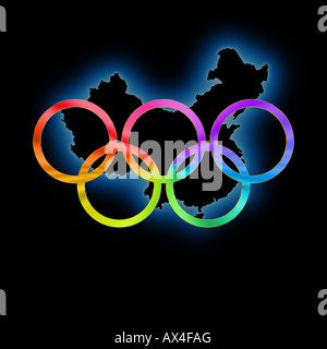 Olympic rings in bright colors against black background and subtle outlines of China Stock Photo