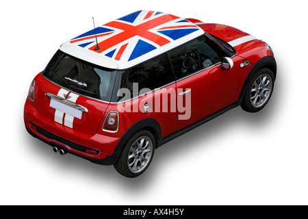 A specimen of an Austin Mini Cooper S car with the English colours. Spécimen d'Austin Mini Cooper S aux couleurs Anglaises. Stock Photo