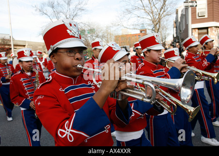 Brooklyn junior high school band plays in a parade on Three Kings Day in the Bushwick section of Brooklyn, NY Stock Photo