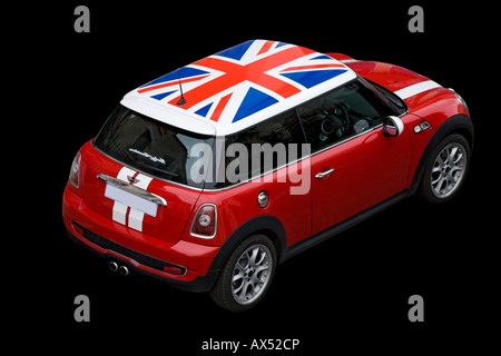 A specimen of an Austin Mini Cooper S car with the English colours. Spécimen d'Austin Mini Cooper S aux couleurs Anglaises. Stock Photo