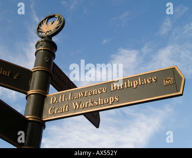A sign pointing to the DH Lawrence Birthplace Museum in Eastwood, Nottinghamshire East Midlands UK