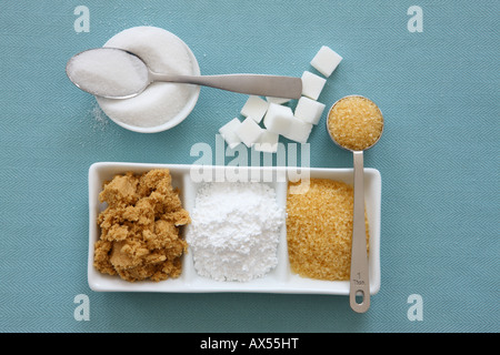 Several types of Sugar Refined Sugar Sugar Cubes Brown Sugar Powdered Sugar and Raw Sugar Stock Photo