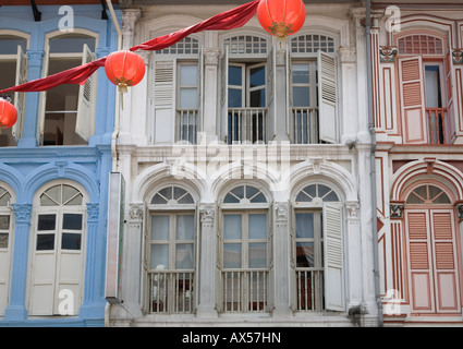 Colorful shophouses and red lanterns along Temple Street in Singapore, Chinatown Stock Photo