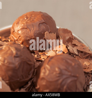 Chocolate truffles in tin box, close-up Stock Photo