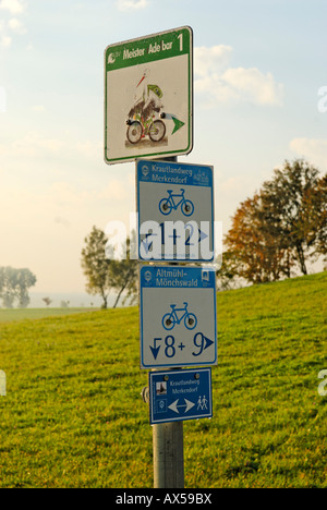 Sign post for hiker and biker Merkendorf Middle Franconia Bavaria Germany Stock Photo