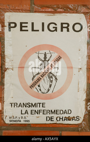 Warning sign warning of Trypanosama Cruzi, pathogen of the Chagas desease, family of the predatory bugs, Jothoisha, Chaco Stock Photo