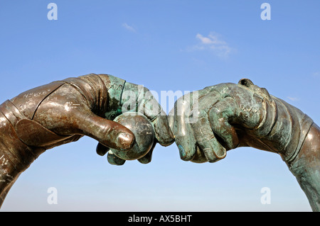 Sculpture of two hands, ballgame, Xàtiva (Játiva), Valencia, Spain, Europe Stock Photo
