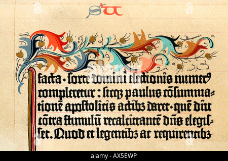 Gothic Miniscule script on parchment from the Gutenberg Bible dating to circa 1455, originally part of a collection in Leipzig  Stock Photo