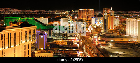 The Strip, New York, Monte Carlo, MGM Grand, Mandalay Bay, Luxor and THEhotel casinos viewed from the Eiffel Tower replica in L Stock Photo