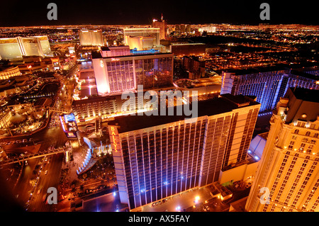 The Strip, Bally's, Treasure Island, Flamingo Hilton and Cesar's Palace casinos viewed from the Eiffel Tower replica in Las Veg Stock Photo