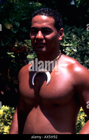 Polynesian Cultural Center Hawaiian Men in Native Costume on East Oahu in Hawaii USA Stock Photo