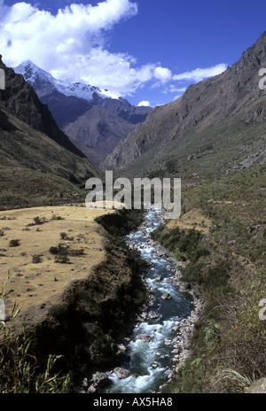 Machu Picchu, Peru. Inca trail passing through the valley of the Lluluchayoc River. Stock Photo