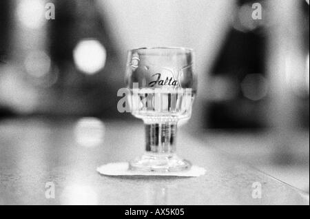 Czech Republic. Jalta vodka shot glass on table in a cafe. Stock Photo