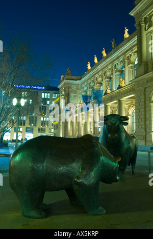 German stock exchange building in Frankfurt with its bull and the bear statues in the foreground, Frankfurt, Germany, Europe Stock Photo