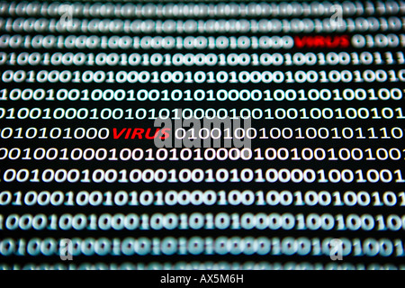 Computer virus, 'virus' spelled out in red between bit coding in a computer data stream Stock Photo