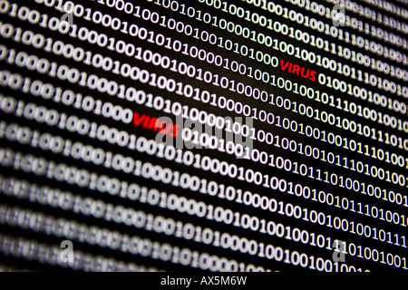 Computer virus, 'virus' spelled out in red between bit coding in a computer data stream Stock Photo
