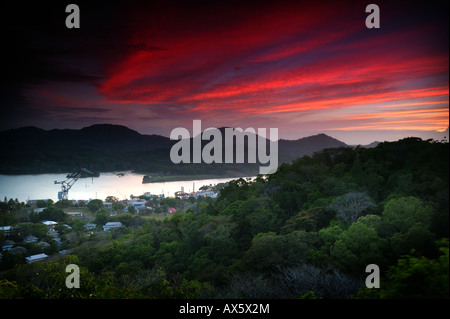 Beautiful sunset at the town of Gamboa, and the Panama canal, Colon province, Republic of Panama. Seen from the tower at Gamboa. Stock Photo