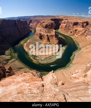Two boats navigating the Horseshoe Bend river bend, Colorado River, Gooseneck near Page, Arizona, USA, North America
