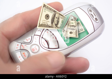Mobile phone displaying symbol for telephone banking, close-up Stock Photo