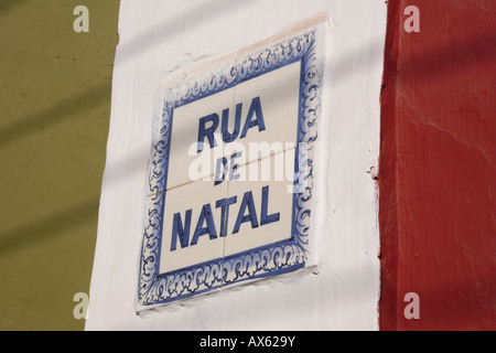 Decorative tiled street sign for Rua de Natal on a painted section of wall in Fontainhas, Panjim, Goa, India Stock Photo