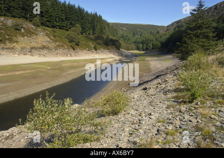 Extreme low water Garreg ddu reservoir from which Birmingham gets its drinking water in the Elan Valley Mid Wales UK Stock Photo