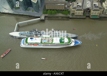 Aerial view of the cruise ship Silver Cloud moored by HMS Belfast on the River Thames at Southwark in London Stock Photo