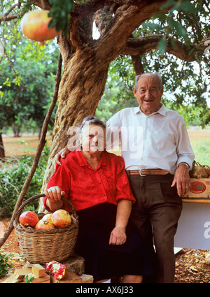 Ibiza, Balearic island Rural scene of local couple on their pomegranate Farm San Elulalia del Rio, Ibiza, Spain. Stock Photo