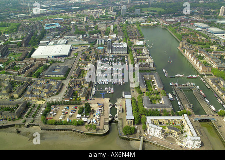 Aerial view of Rainbow Quay, South Dock and part of Greenland Dock in the Rotherhithe area of London, overlooking the Thamames Stock Photo