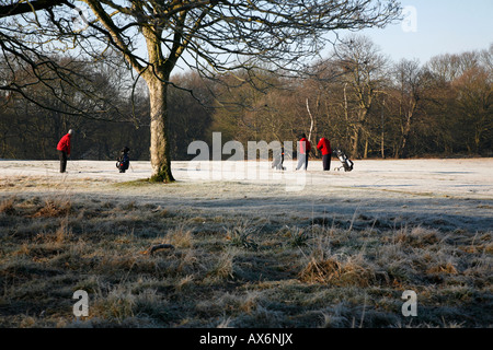 Playing golf on a frosty Wimbledon Common, Wimbledon, London Stock Photo