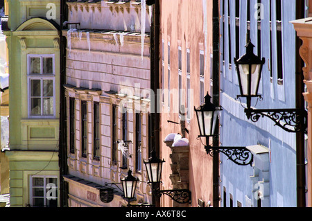 Banska Stiavnica historic town, colourful facades with icicles in Winter day Stock Photo