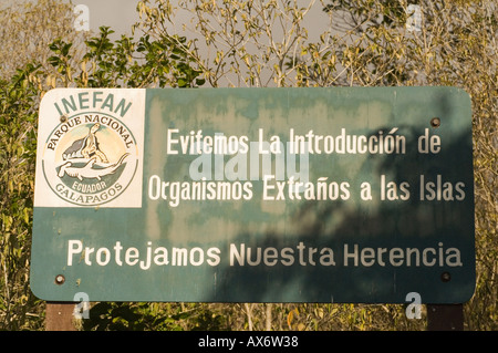 Sign 'Do not introduce foreign species to the islands' Park Sign, Floreana Galapagos Ecuador Central America Stock Photo