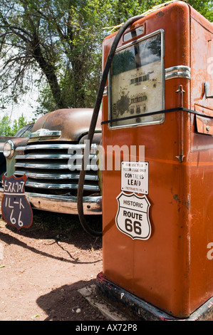 Old Gas Pump and classic Ford truck, Seligman, Route 66, Arizona, USA Stock Photo