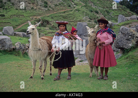 Indian families with their llamas in Machu Picchu Peru South America Stock Photo