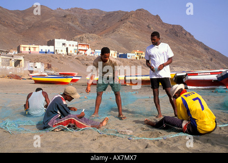 Fishermen at beach of Sao Pedro, Sao Vicente, Cape Verde Islands, Africa Stock Photo