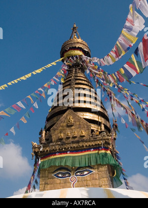 GOLDEN SPIRE of SWAYAMBHUNATH STUPA or 'Monkey Temple' Kathmandu Himalayas Nepal Asia Stock Photo