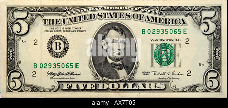 The front of an old style American Five Dollar bill Stock Photo