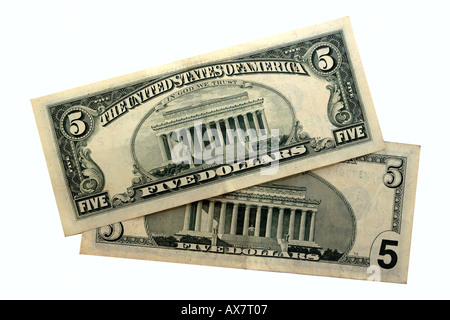 The Lincoln memorial printed on the back of all American five Dollar bills Stock Photo