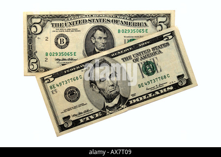 Two styles American Five Dollar bills Stock Photo