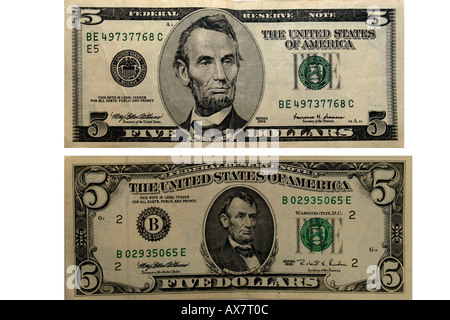 Two styles American Five Dollar bills Stock Photo