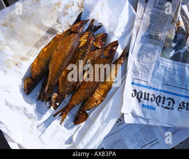 Smoked herring on a newspaper, Bormholm, Denmark, Europe Stock Photo