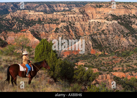 Cowboy on a horse looking at Palo Duran Canyon, Texas USA, America Stock Photo