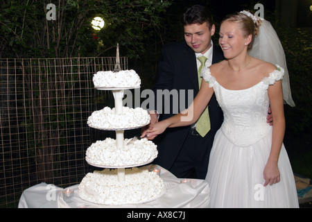 Newlywed couple cutting wedding cake. Stock Photo