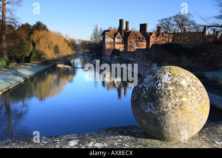 'Clare College Cambridge Bridge' ball and 'River Cam' looking towards 'Trinity College on a frosty morning Stock Photo