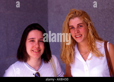 2, two, young adult women, college students, university students, on campus, University City, Ciudad Universitaria, Madrid, Madrid Province, Spain Stock Photo
