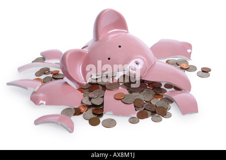 Broken Piggy Bank cut out on white background Stock Photo