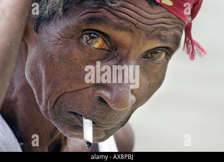 Portrait of a Weather beaten Keralite Indian man from fishing community in backwaters Fort Kochi Cochin Kerala South India Stock Photo