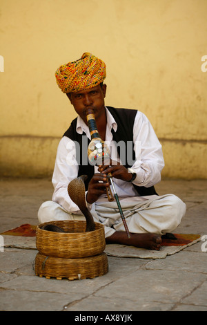 A snake charmer outside the city palace in Jaipur Rajasthan Picture by James Boardman Stock Photo